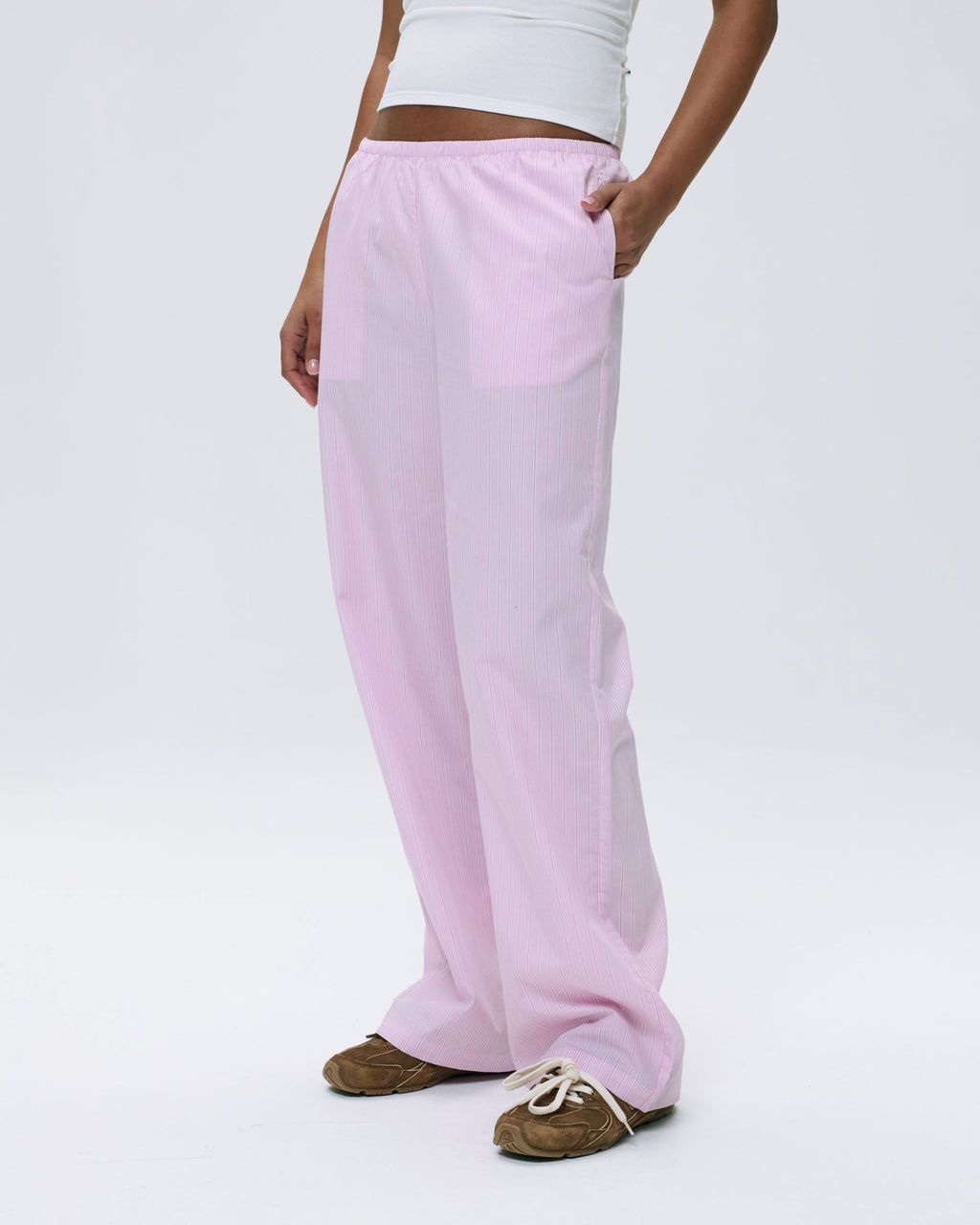 Cotton Stripe Pull On Pants - Pink/White