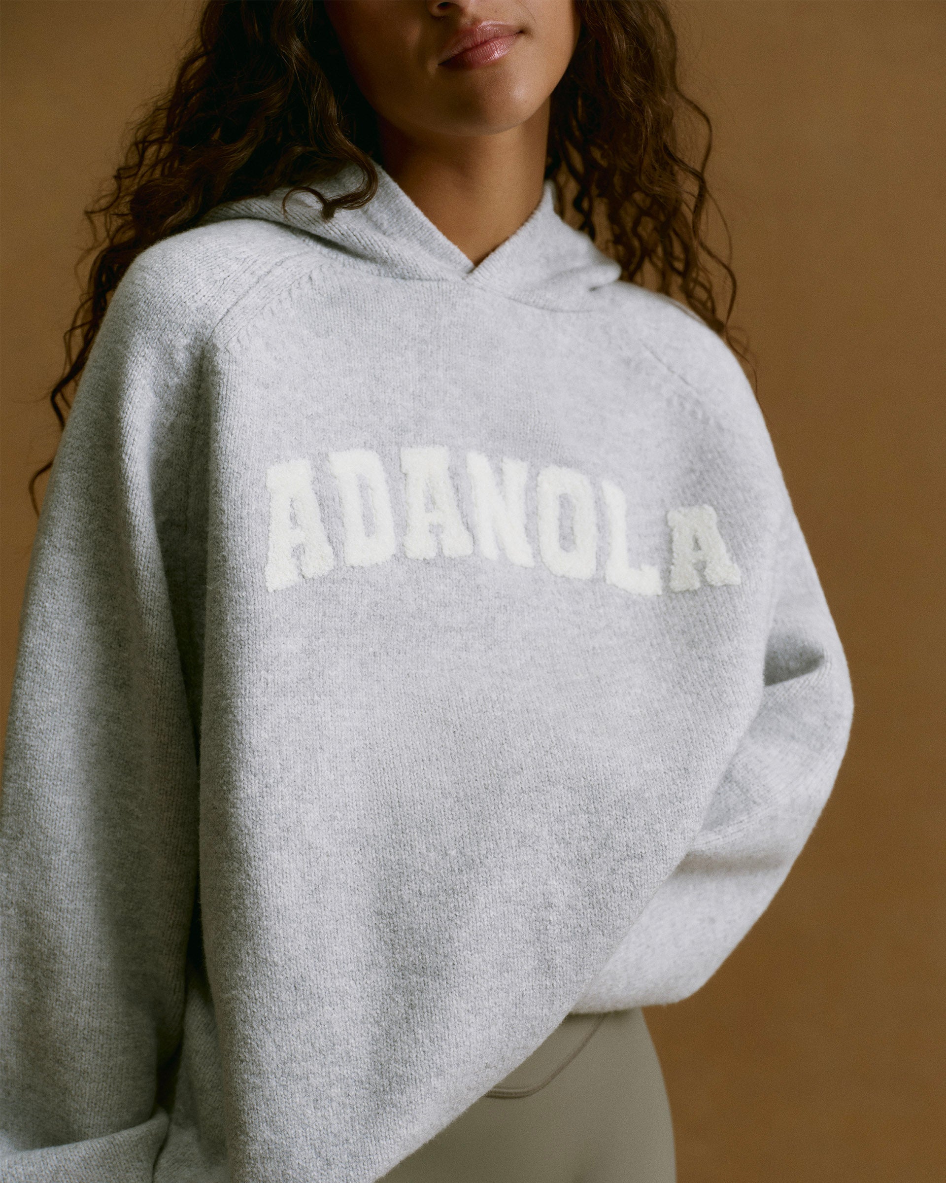 Varsity Boucle Oversized Knit Hoodie - Light Grey Melange/Marshmallow White