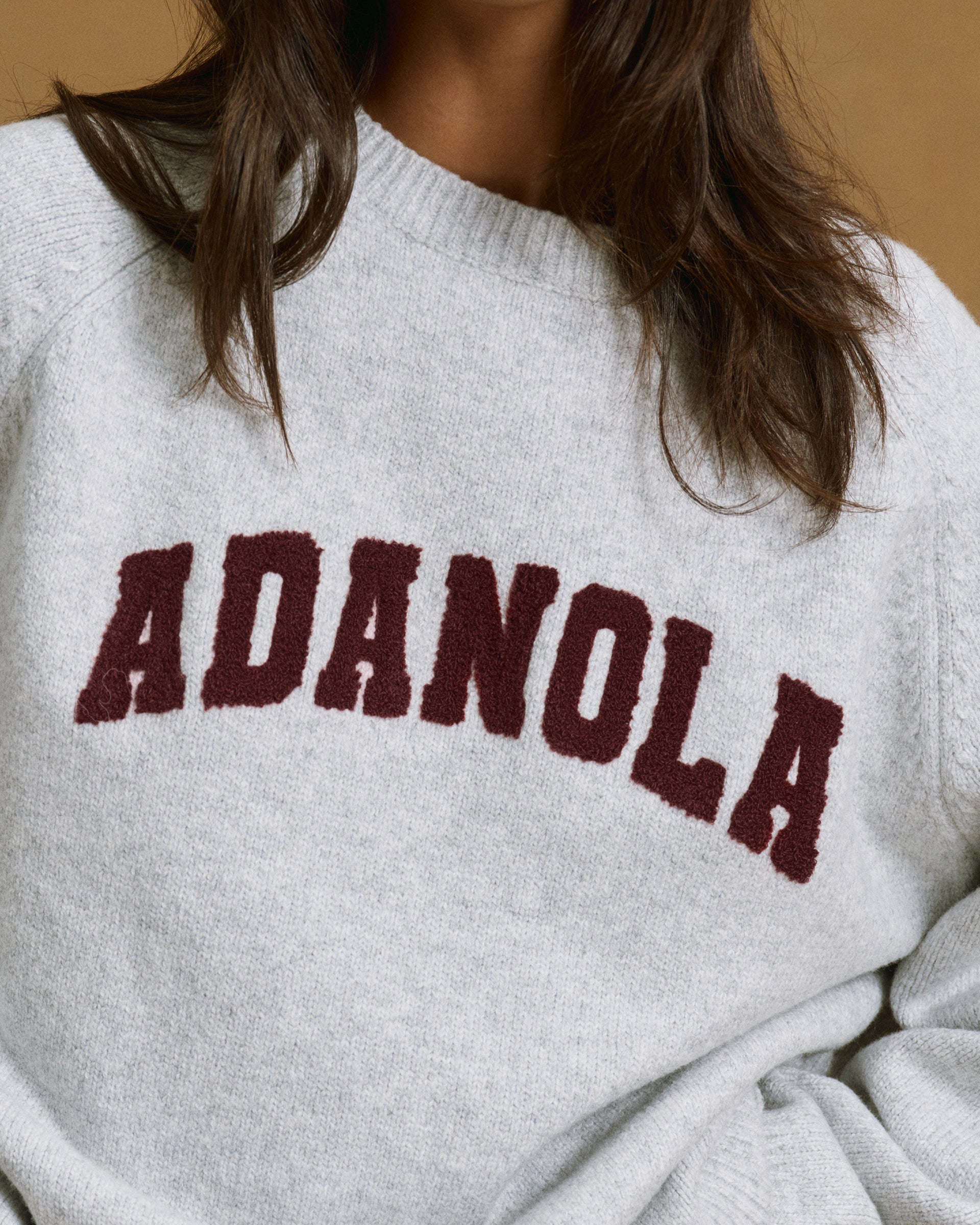 Varsity Boucle Oversized Knit Sweatshirt - Light Grey Melange/Burgundy