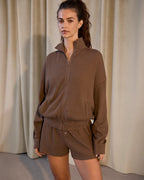 Waffle Full Zip Funnel Neck Sweatshirt - Mocha Brown