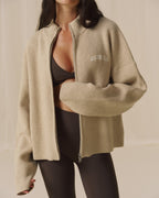 Ribbed Zip Through Knit Sweatshirt - Oatmeal/Marshmallow White