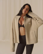 Ribbed Zip Through Knit Sweatshirt - Oatmeal/Marshmallow White